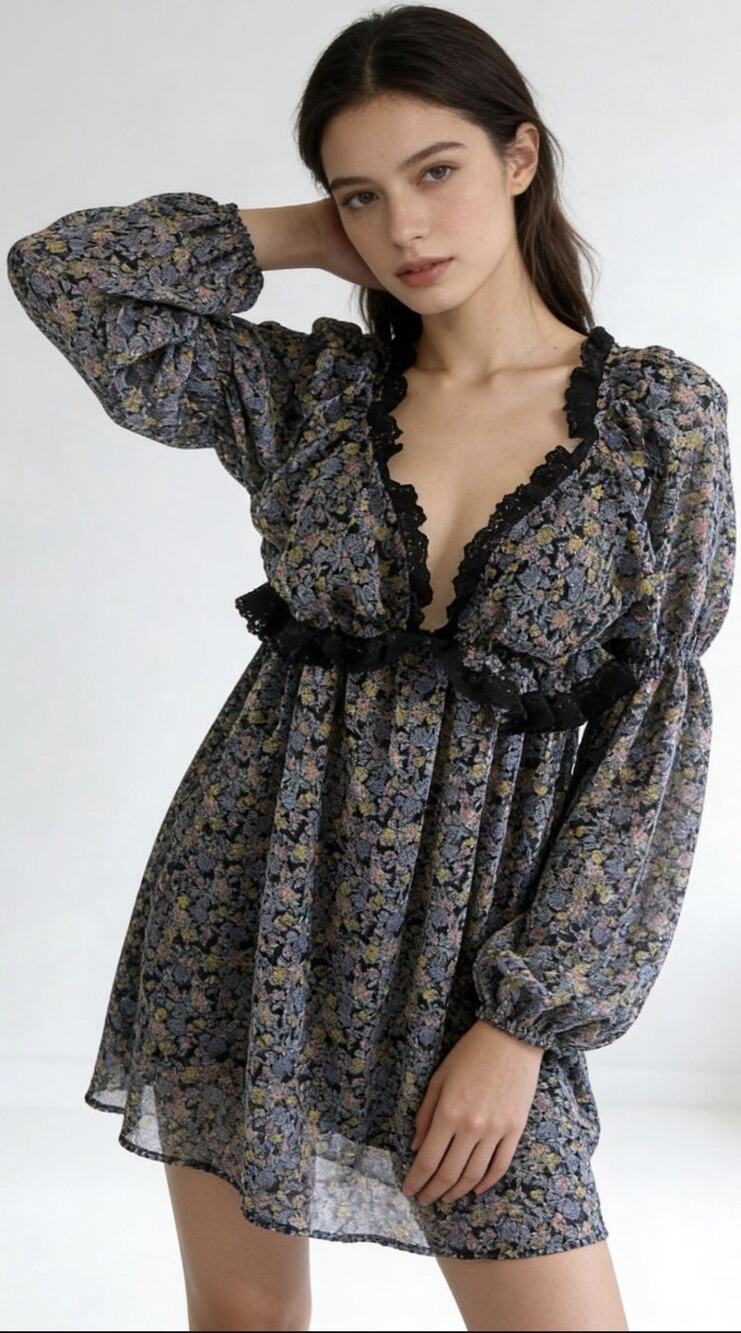 FREE PEOPLE Pennie Babydoll Deep V Mini Dress Floral Boho Size XL $138 Retail